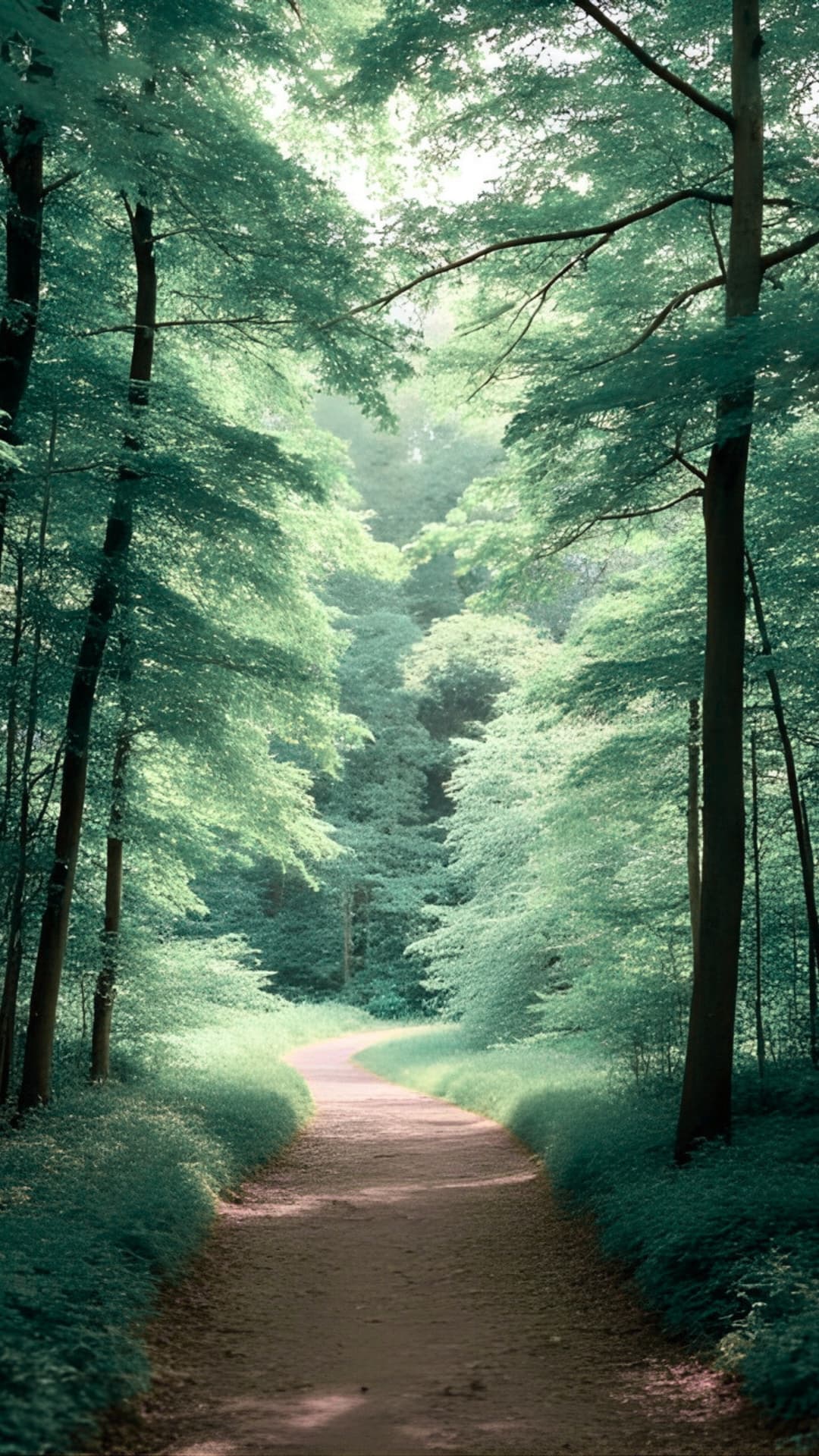 Szép erdei ösvény, melynek két oldalán fák állnak. Az ösvény a kép közepén fut, és a távolban egy kanyarban eltűnik, melyet napfény világít meg.