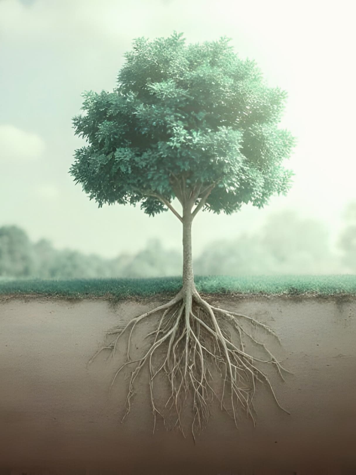 Egy terebélyes fa áll a mezön napsütésben, melynek gyökerei szerteágaznak a földben.